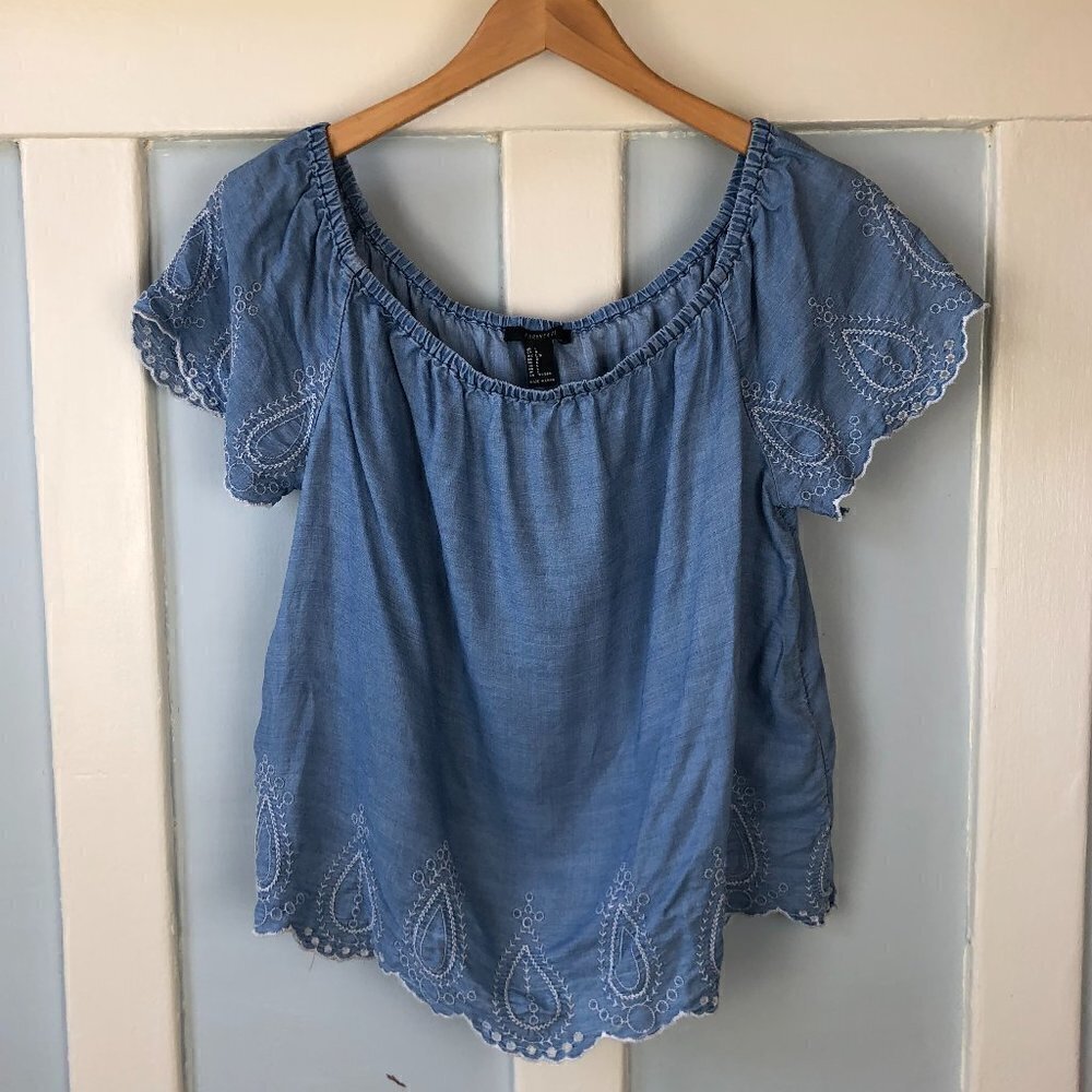 Forever 21 Chambray Paisley Embroidered Eyelet Peasant Blouse
